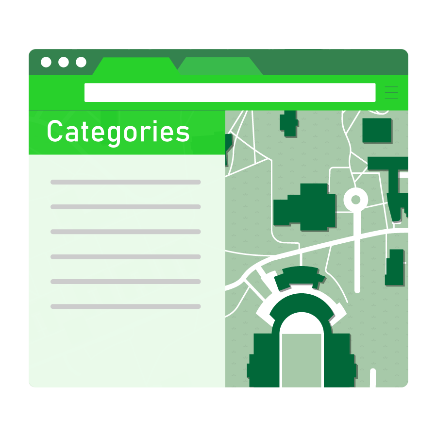 Illustration focusing on categories feature of virtual campus maps.