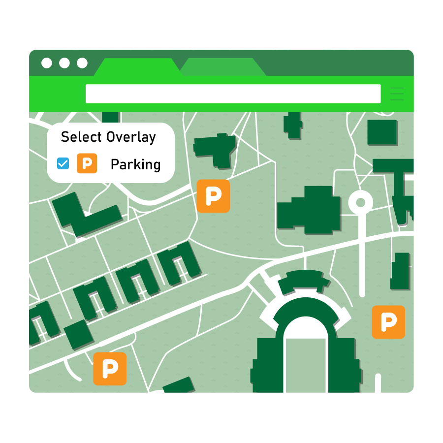 Creative graphic presenting overlay feature in online campus maps.