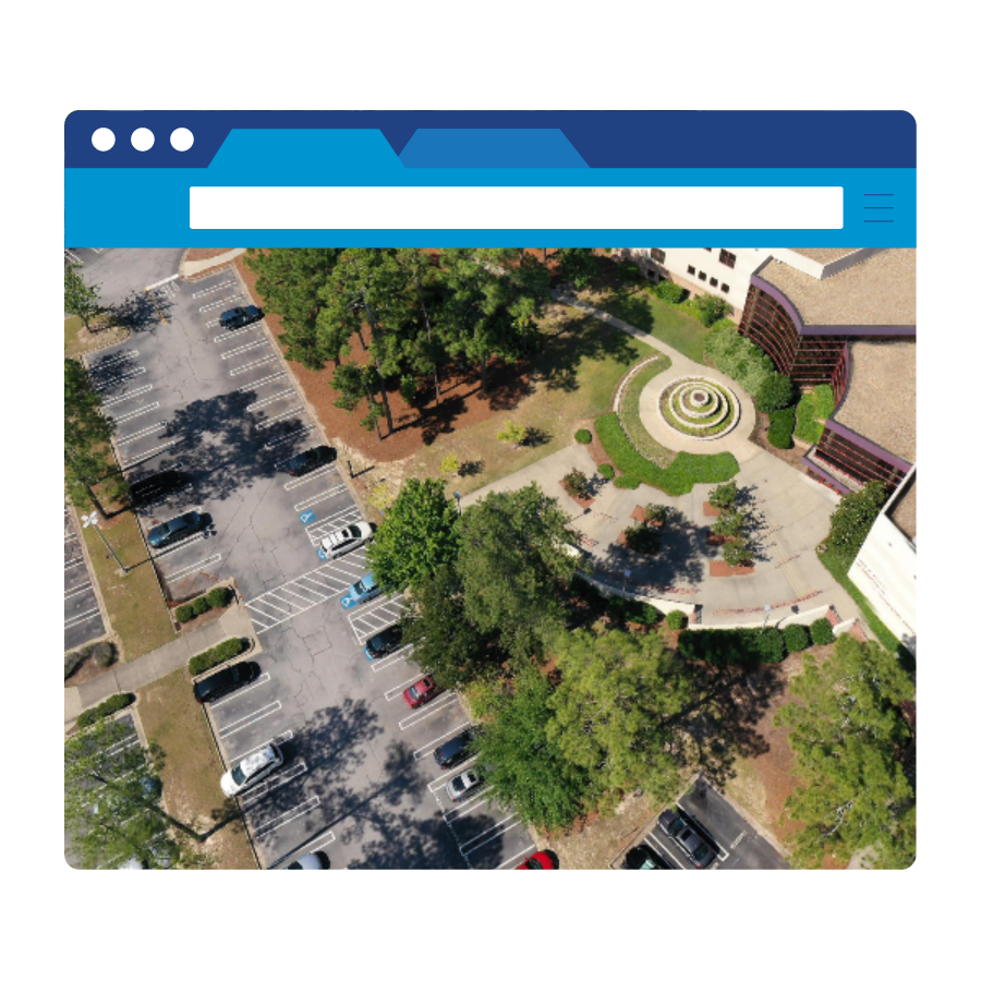 Graphic illustration highlighting aerial video feature of virtual campus tours.