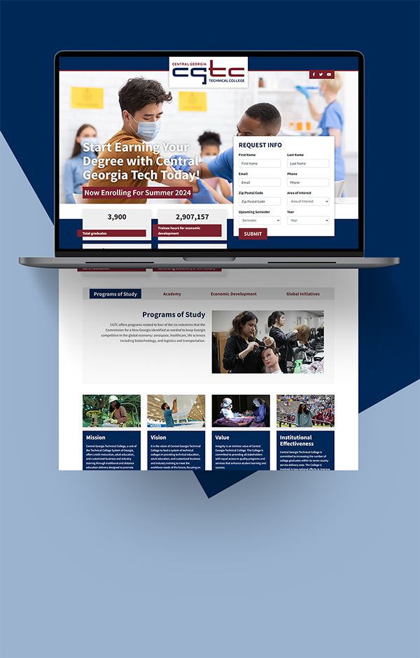 Portfolio preview of Central Georgia Technical College information landing page on laptop